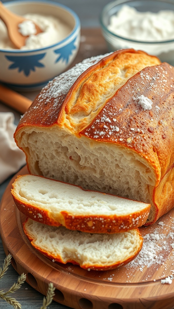 Artisan bread loaf with golden crust and sliced to show soft interior, on a rustic cutting board.